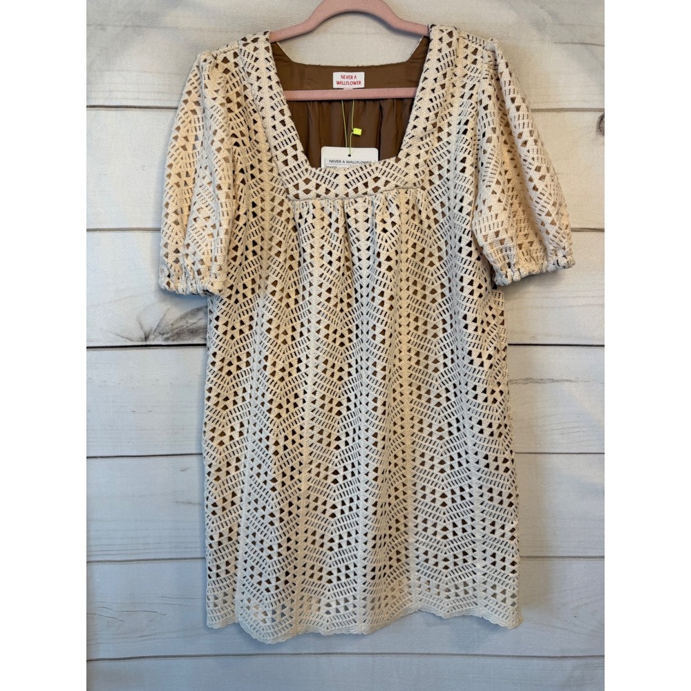 Never A Wallflower Square Neck Crochet Dress Natural XS AWD02 Boho Mini
